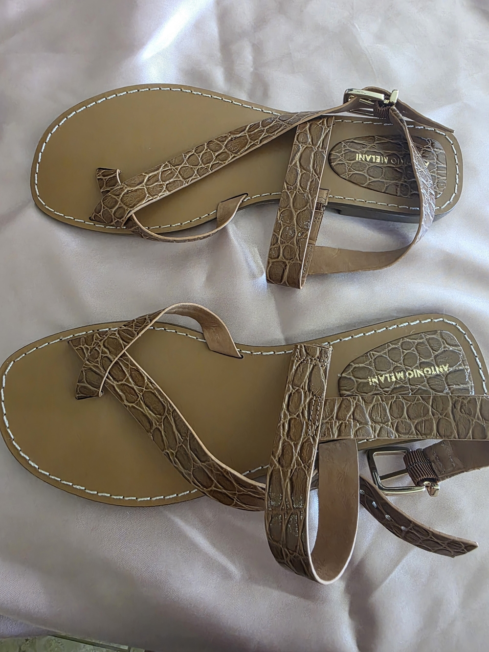 ANTONIO MELANI Taupe Brown Croc-Embossed T-Strap Sandals